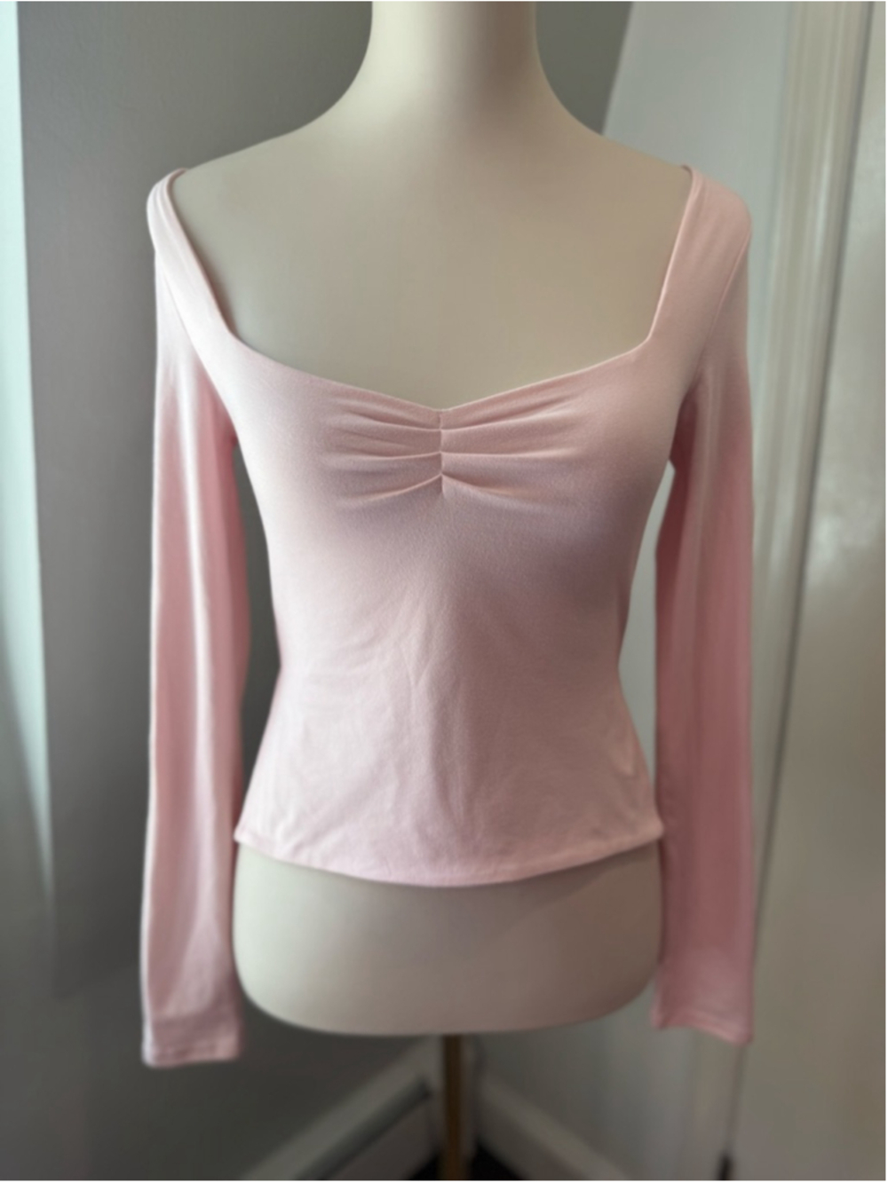 SHEIN Pink Long Sleeve Top Ruched Front Square Neck Stretch Size Small